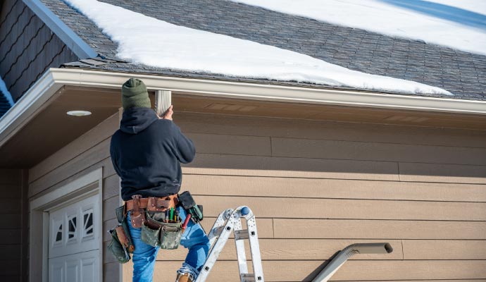 Person repairing gutter with equipment