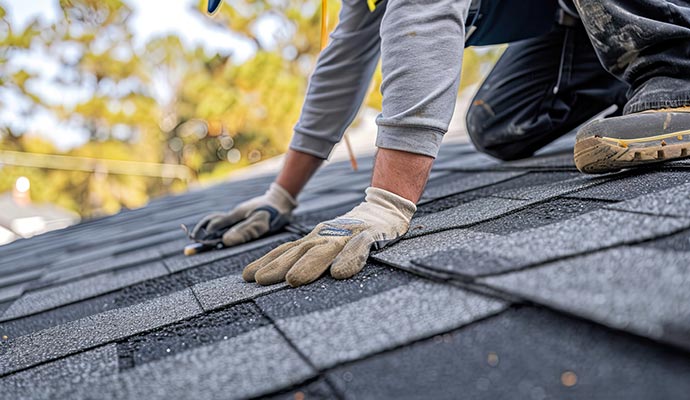 person inspecting shingles on a roof